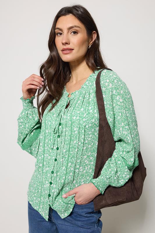 M&Co Green Floral Trim Detail Tie Neck Blouse | M&Co 1