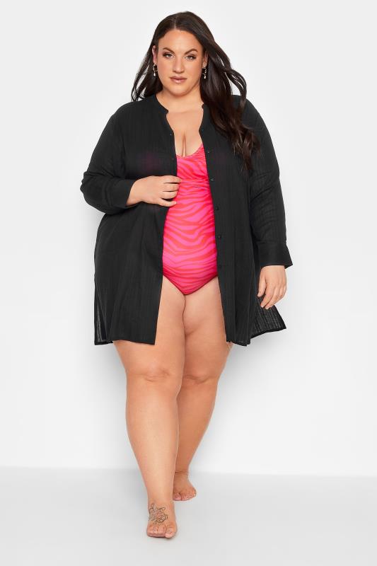 YOURS Plus Size Black Collarless Beach Shirt | Yours Clothing 2