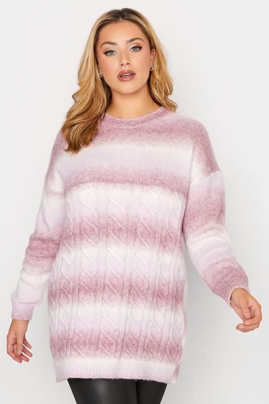YOURS LUXURY Plus Size Curve Pink & White Space Dyed Cable Knitted Jumper | Yours Clothing 3