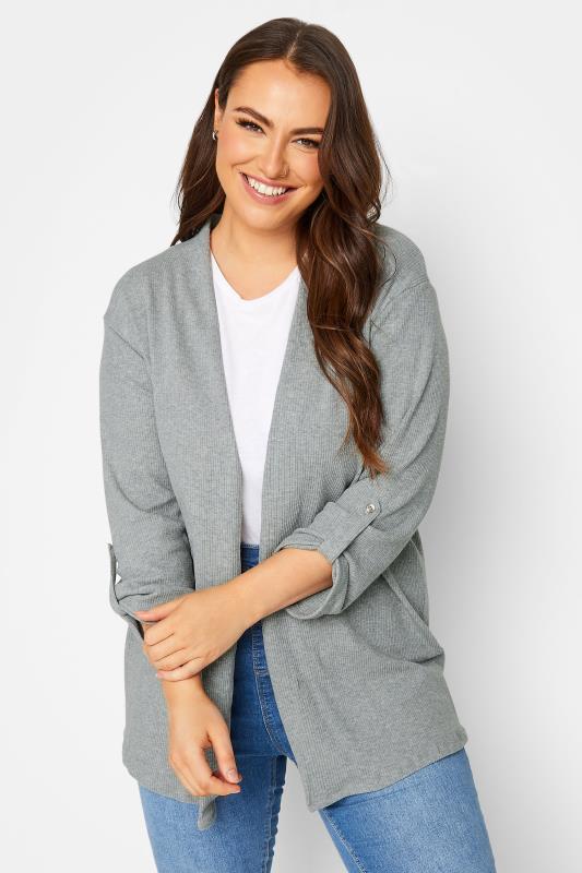 Plus Size Grey Ribbed Roll Tab Cardigan | Yours Clothing 1