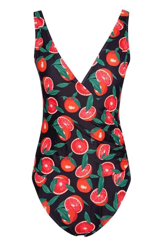 LTS Tall Black Tropical Fruit Print Wrap Front Swimsuit_F.jpg