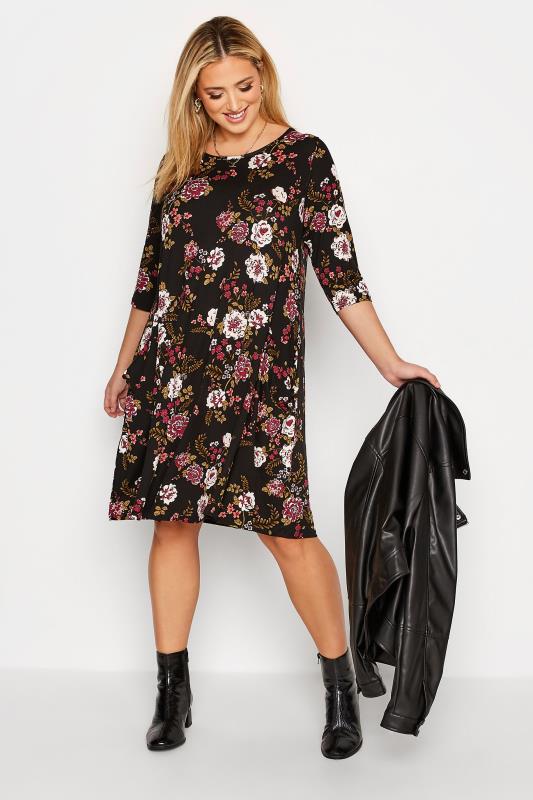 Plus Size  Curve Black Floral Print Drape Pocket Dress