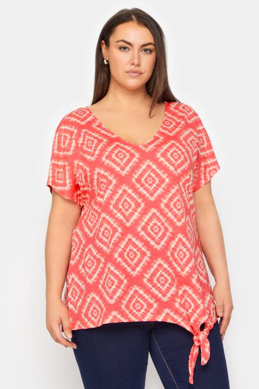 Plus Size  Evans Orange Geometric Print Tie Hem T-Shirt