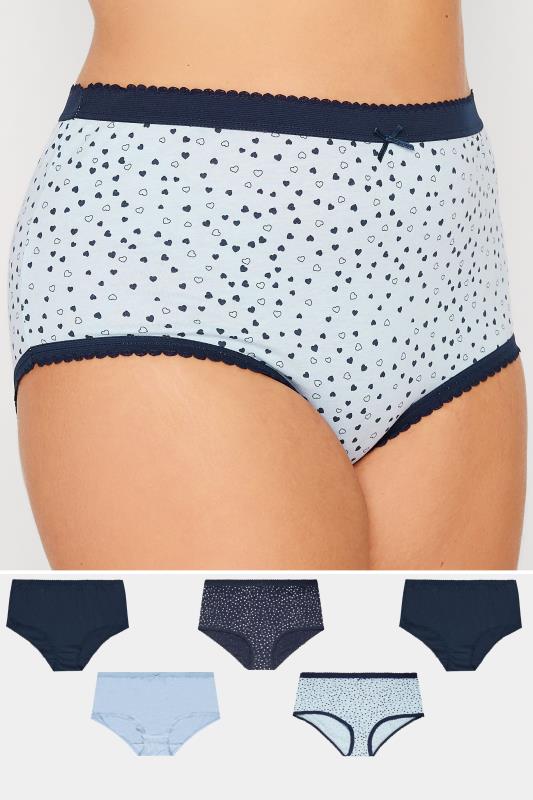  YOURS 5 PACK Curve Blue Heart Print High Waisted Full Briefs