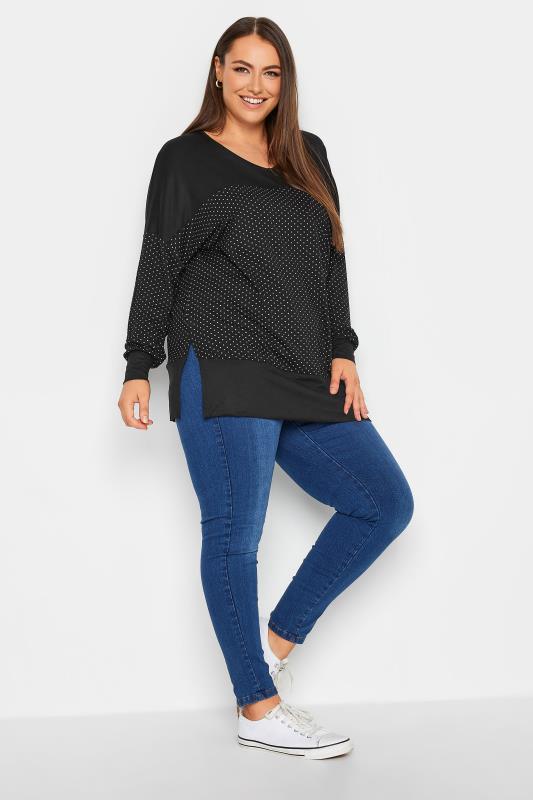 YOURS Plus Size Curve Black Polka Dot Panel Top | Yours Clothing 2