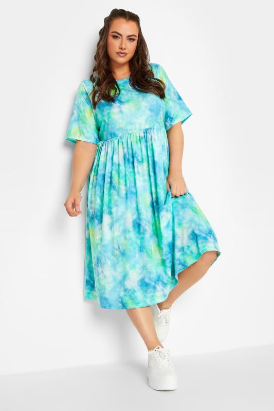 LIMITED COLLECTION Plus Size Blue Tie Dye Midaxi Smock Dress | Yours Clothing 1