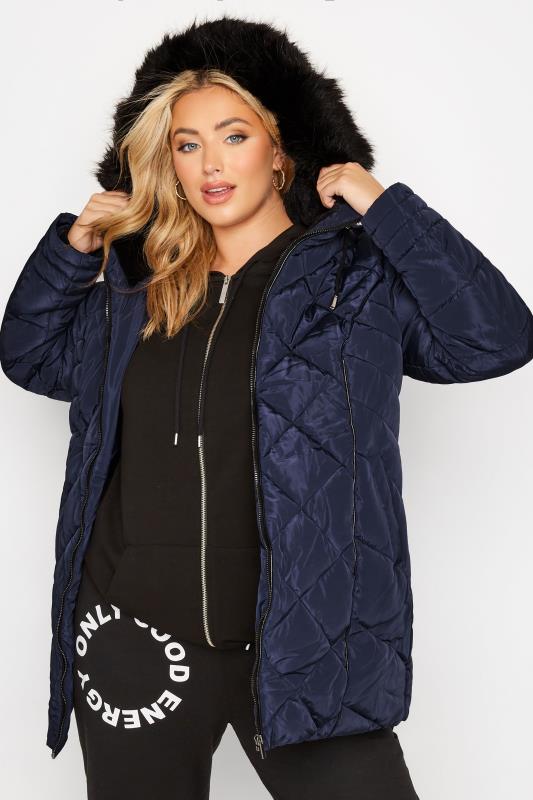 Plus Size Navy Blue Panelled Puffer Jacket | Yours Clothing 4