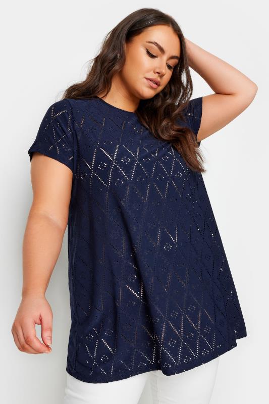 YOURS Plus Size Navy Blue Broderie Anglaise Swing T-Shirt | Yours Clothing 1