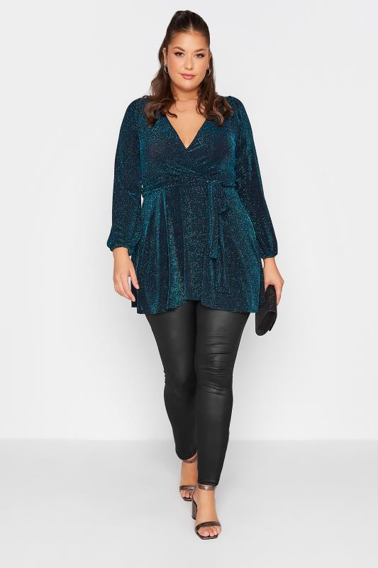 YOURS LONDON Curve Teal Blue Glitter Wrap Top 2