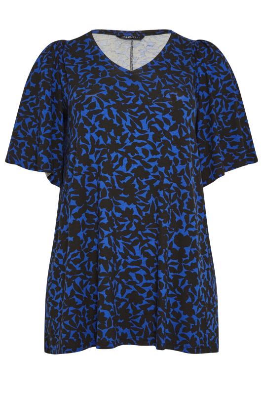 YOURS Plus Size Blue Floral Print V-Neck T-Shirt | Yours Clothing