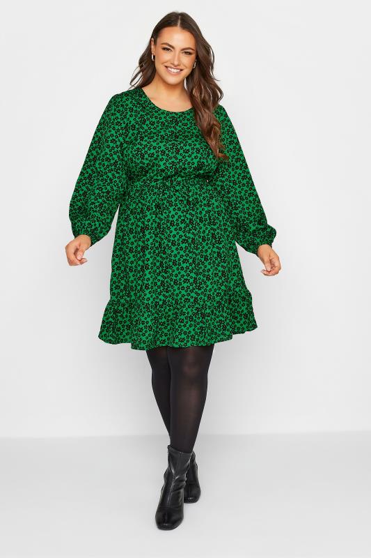 Plus Size  Curve Green Floral Print Midi Dress