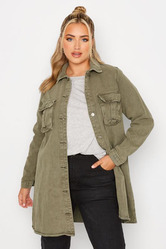 LIMITED COLLECTION Plus Size Khaki Green Washed Longline Denim Jacket | Yours Clothing 1