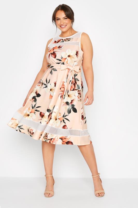 YOURS LONDON Plus Size Pink Floral Mesh Panel Skater Dress | Yours Clothing 2