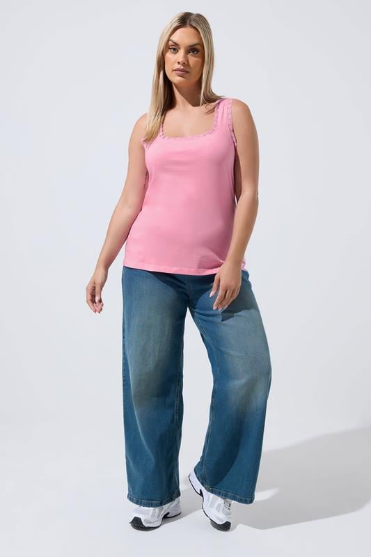 LIMITED COLLECTION Plus Size Pink Lace Trim Vest Top | Yours Clothing 1