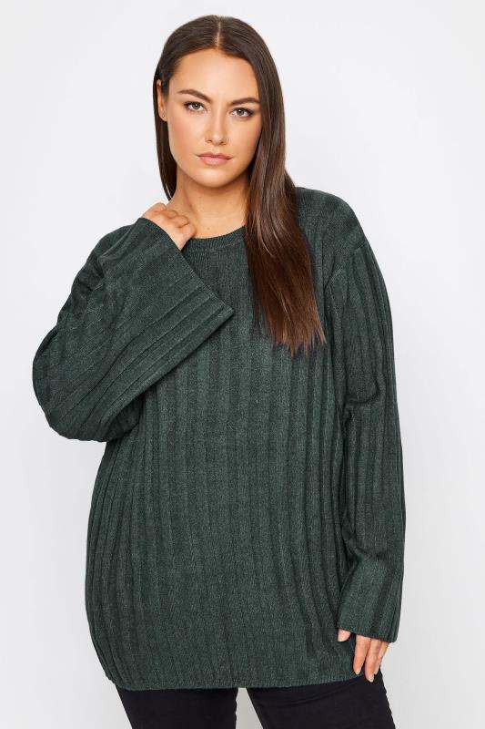 Plus Size  Evans Teal Green Ribbed Knit Bell Sleeve Jumper