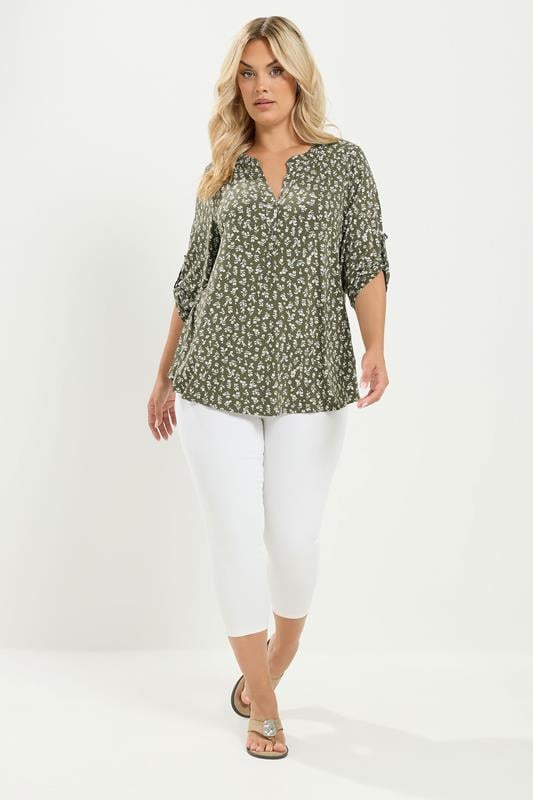 YOURS Plus Size Khaki Green Ditsy Floral Top | Yours Clothing 1