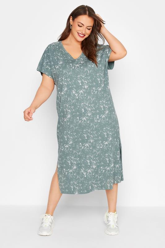 Plus Size  LIMITED COLLECTION Curve Khaki Green Acid Wash Side Split T-Shirt Dress