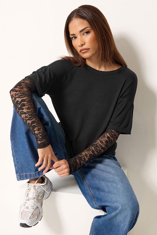  PixieGirl Petite T-shirt noir à manches en dentelle