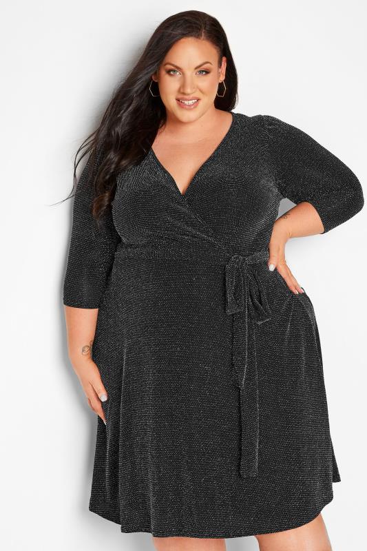 YOURS LONDON Curve Black Glitter Wrap Dress | Yours Clothing 4