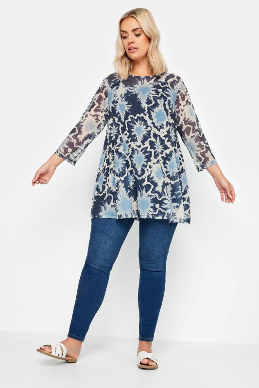 YOURS Plus Size Blue Abstract Print Mesh Top | Yours Clothing 2