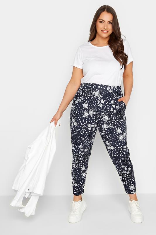 YOURS Plus Size Curve Navy Blue Floral Harem Trousers | Yours Clothing  2