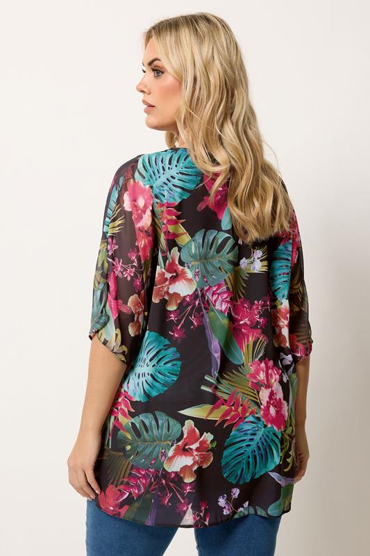 YOURS Plus Size Black Tropical Print Keyhole Detail Top | Yours Clothing 2