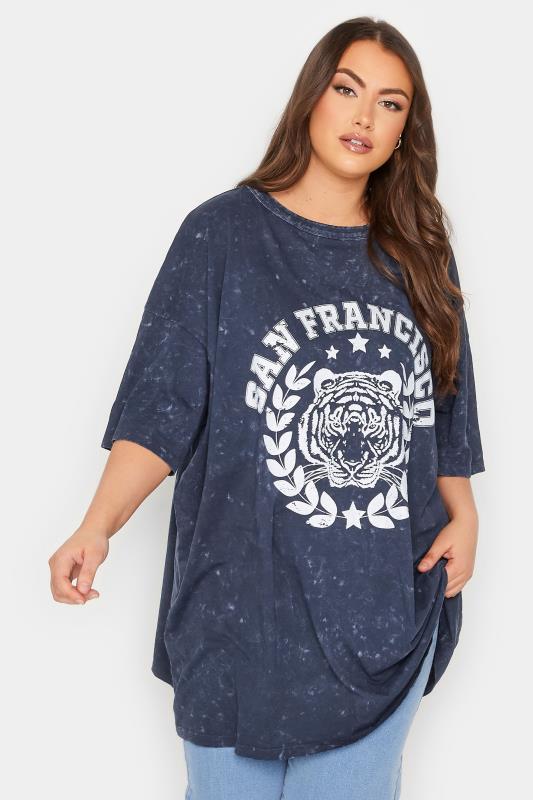 Plus Size Navy Blue Acid Wash 'San Francisco' Oversized Tunic T-Shirt Dress | Yours Clothing 1
