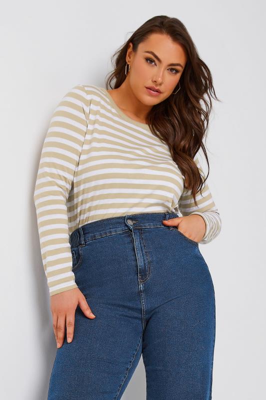 Plus Size  YOURS Curve Beige Brown Stripe Long Sleeve T-Shirt