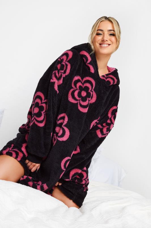 Plus Size  YOURS Curve Black & Pink Floral Snuggle Hoodie