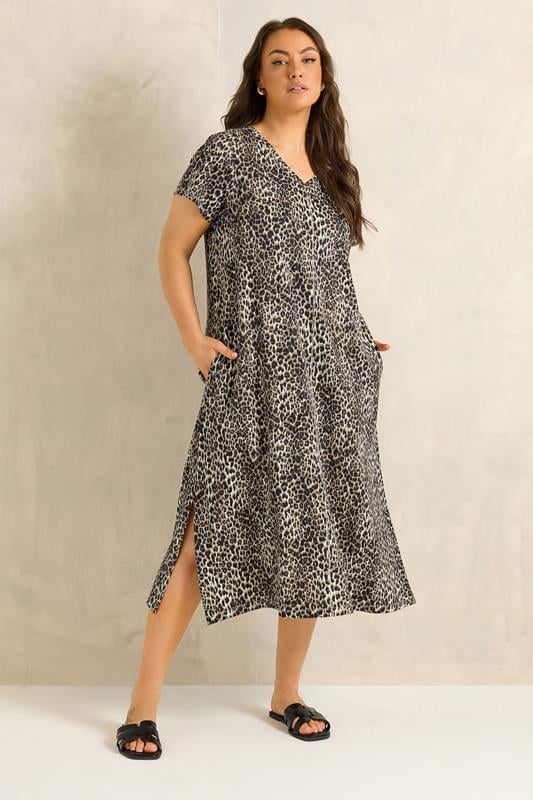 EVANS Plus Size Natural Brown Leopard Print Cotton Dress | Evans  2