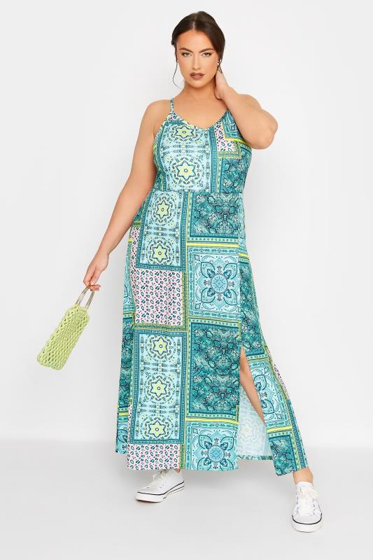 LIMITED COLLECTION Plus Size Blue Tile Print Slit Midaxi Sundress | Yours Clothing 1