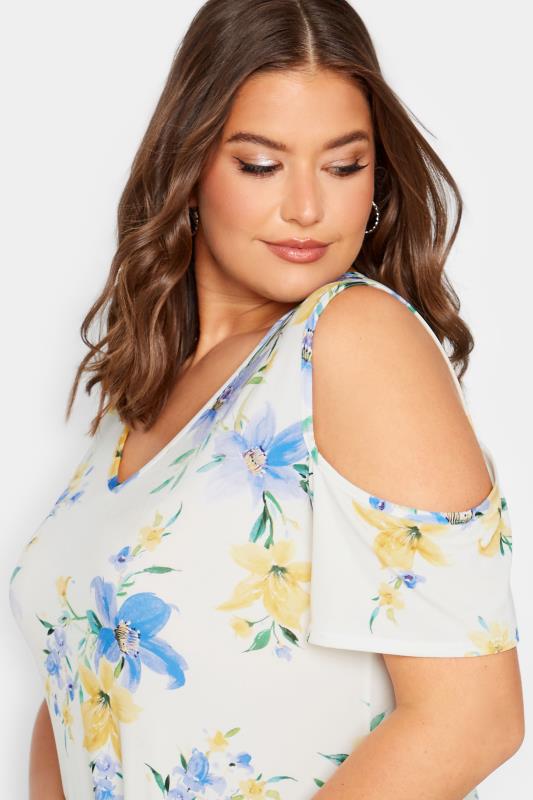YOURS LONDON Plus Size White Floral Print Cold Shoulder Top | Yours Clothing 4