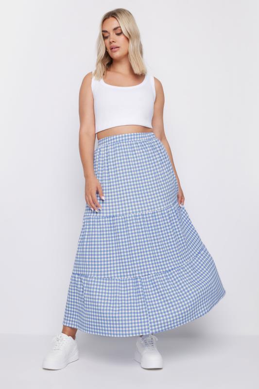 YOURS Plus Size Blue Gingham Textured Maxi Skirt | Yours Clothing 2