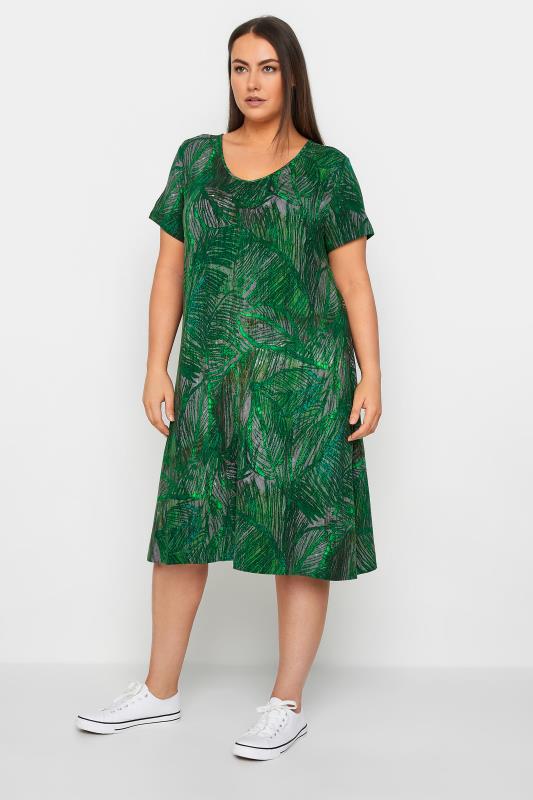 Plus Size  Evans Green Cross Back Leaf Print Swing Dress