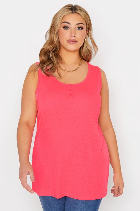 YOURS FOR GOOD Curve Neon Pink Rib Button Detail Vest Top_A.jpg