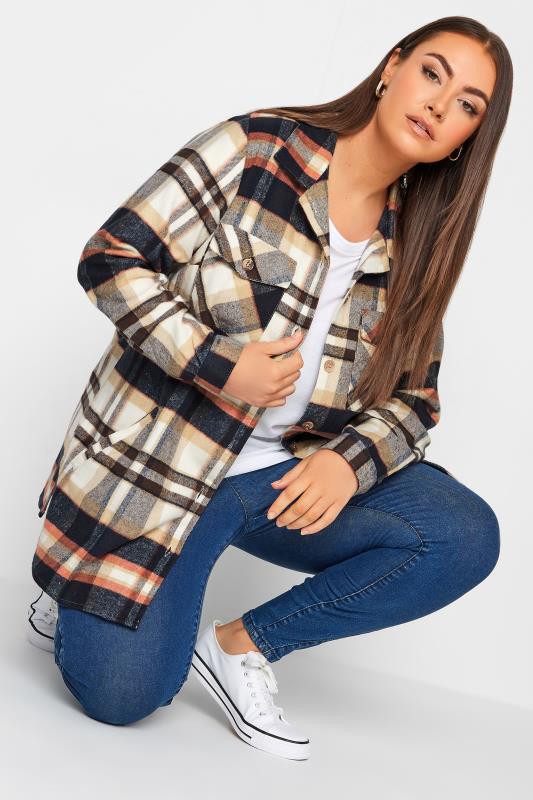 Plus Size  YOURS Curve Beige Brown Check Print Shacket