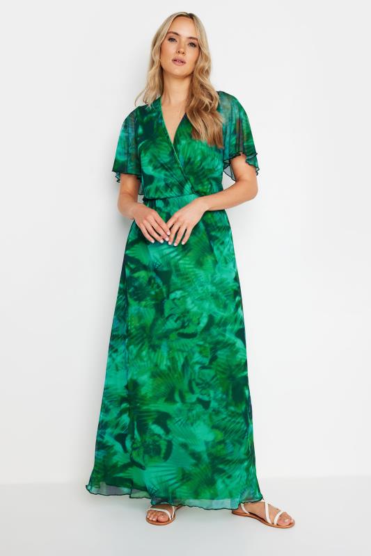  Tallas Grandes LTS Tall Green Palm Print Mesh Wrap Maxi Dress