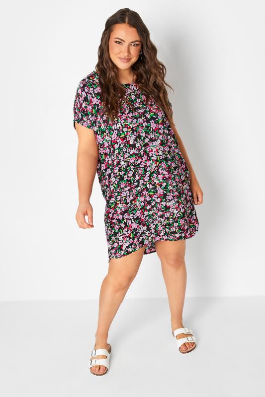 YOURS Plus Size Black & Pink Floral Print Shift Dress | Yours Clothing 2