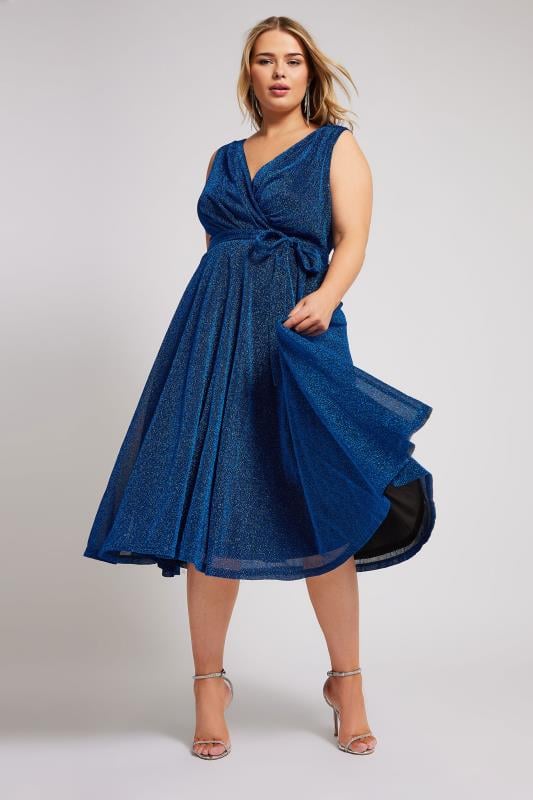 YOURS LONDON Plus Size Blue Metallic Wrap Skater Dress | Yours Clothing 2