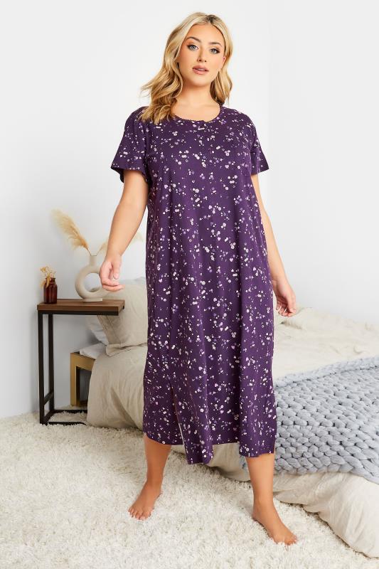 Plus Size Purple Ditsy Print Placket Midaxi Nightdress | Yours Clothing  1