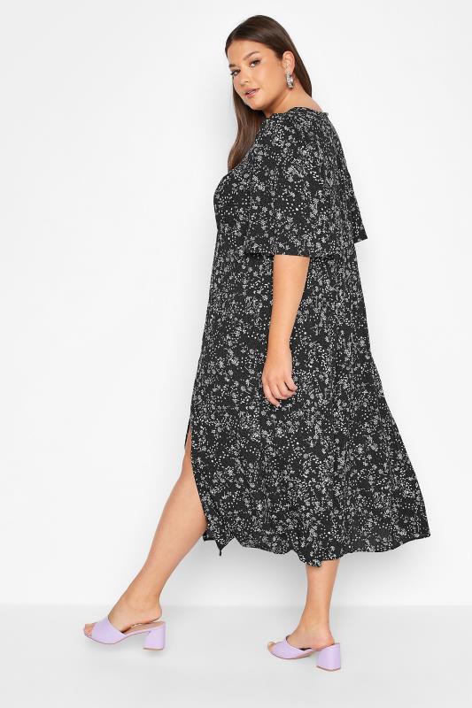 Plus Size Black Daisy Print Side Split Midi Dress | Yours Clothing 3