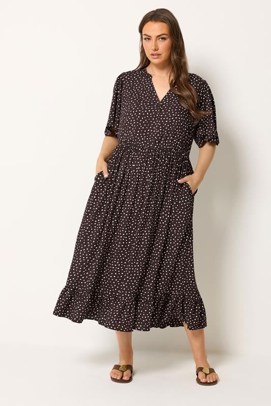 YOURS Plus Size Brown Spot Print Notch Neck Maxi Dress | Yours Clothing 1