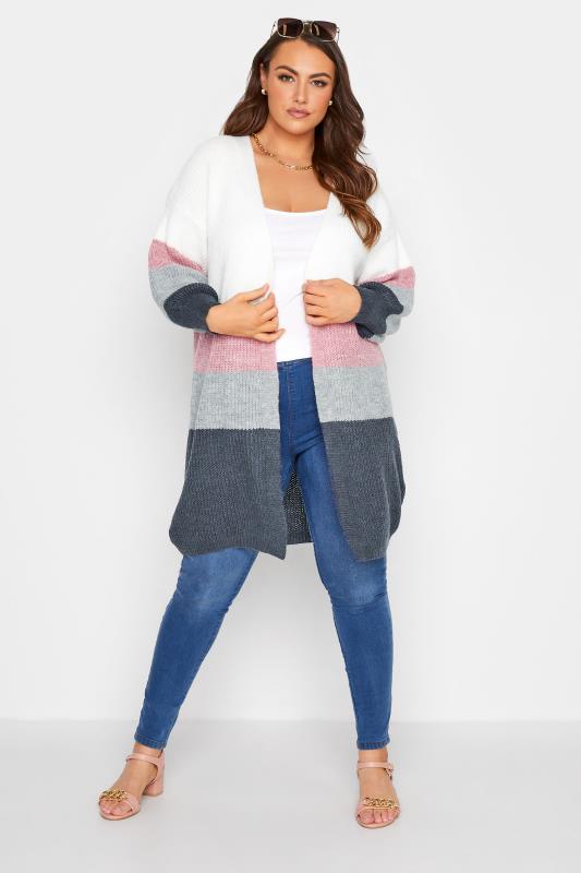 Plus Size Curve White & Grey Stripe Knitted Cardigan | Yours Clothing 2