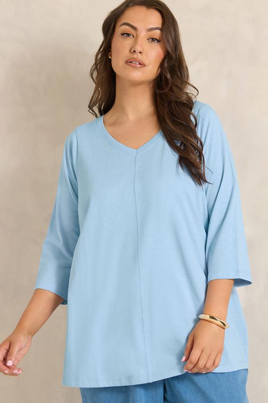 EVANS Plus Size Sky Blue V-Neck Cotton Top | Evans 1