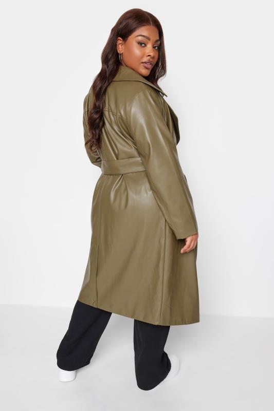 YOURS Plus Size Olive Green Faux Leather Trench Coat | Yours Clothing 5