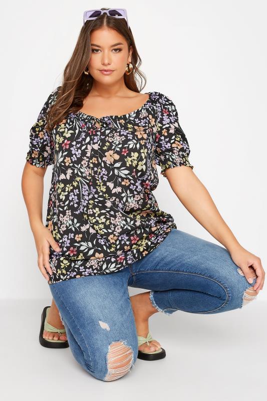 Plus Size Black Floral Print Gypsy Top | Yours Clothing  4