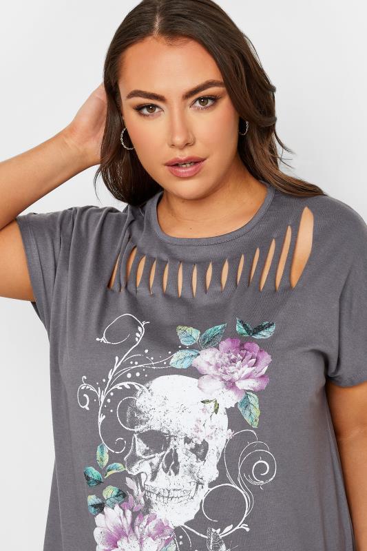 YOURS Plus Size Grey Skull Print Distressed T-Shirt | Yours Clothing 4