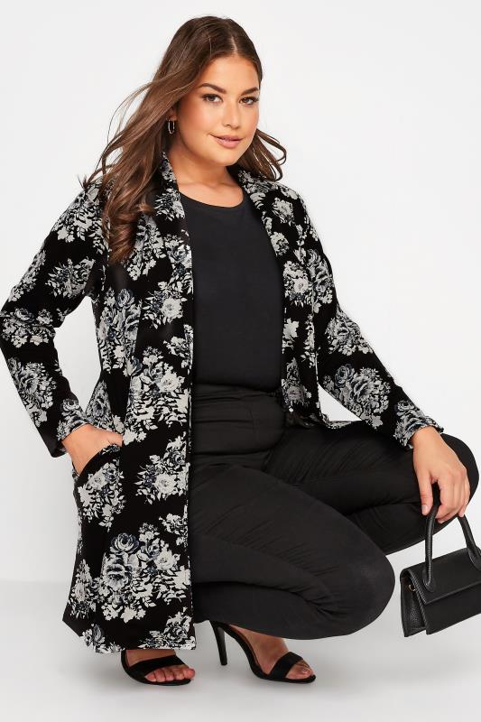 Plus Size Black Floral Longline Blazer | Yours Clothing 1