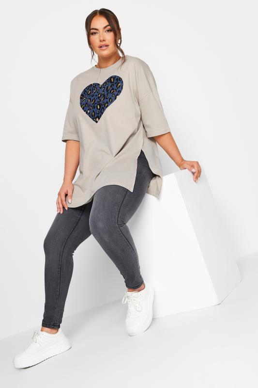 YOURS Plus Size Grey Leopard Print Heart Oversized T-Shirt | Yours Clothing 2