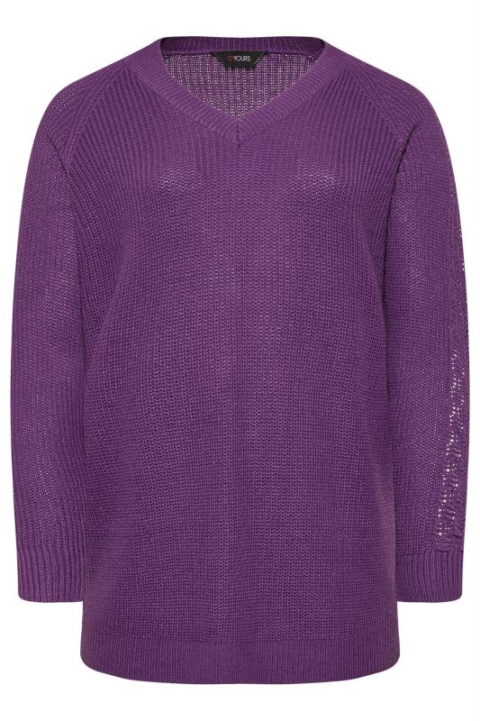 Plus Size Purple Pointelle Sleeve V-Neck Knitted Jumper | Yours Clothing 6